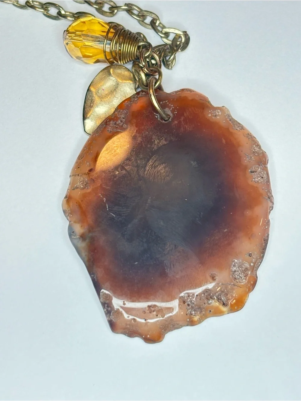 Agate Slice Pendant Necklace Druzy Quartz Gold Tone Heart Glass Crystal 31”